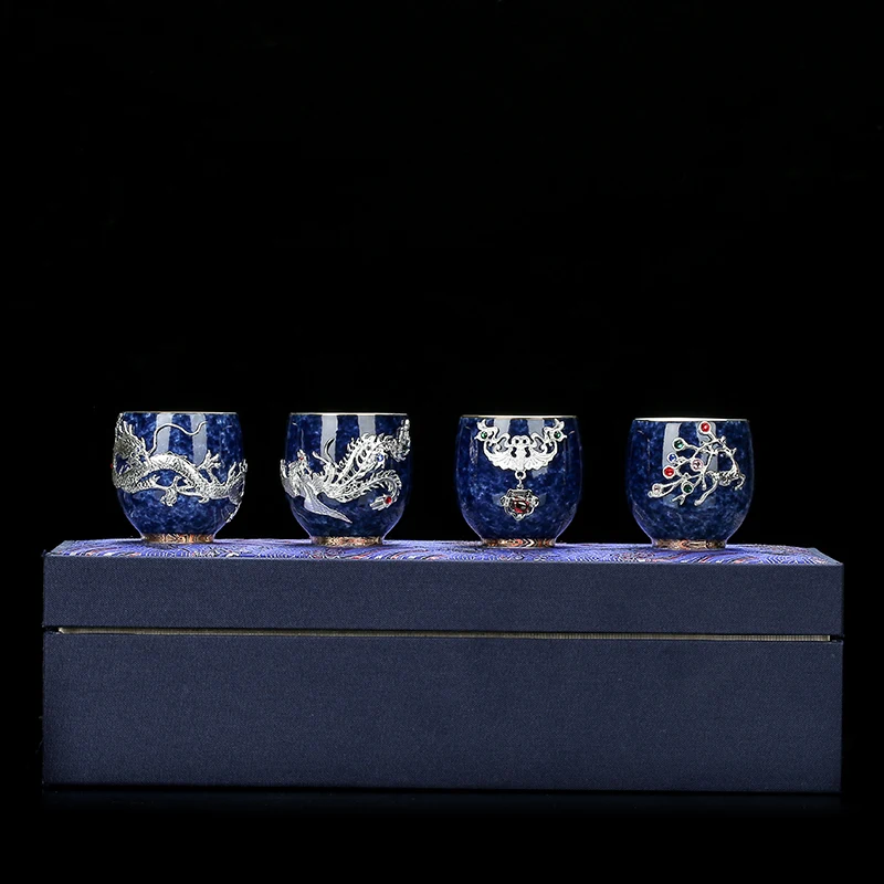 Sprinkled Blue Glaze Ceramic Inlaid Silver Tea Cup Set. Enjoy your tea in style with this elegant and luxurious tea set. — photo 17