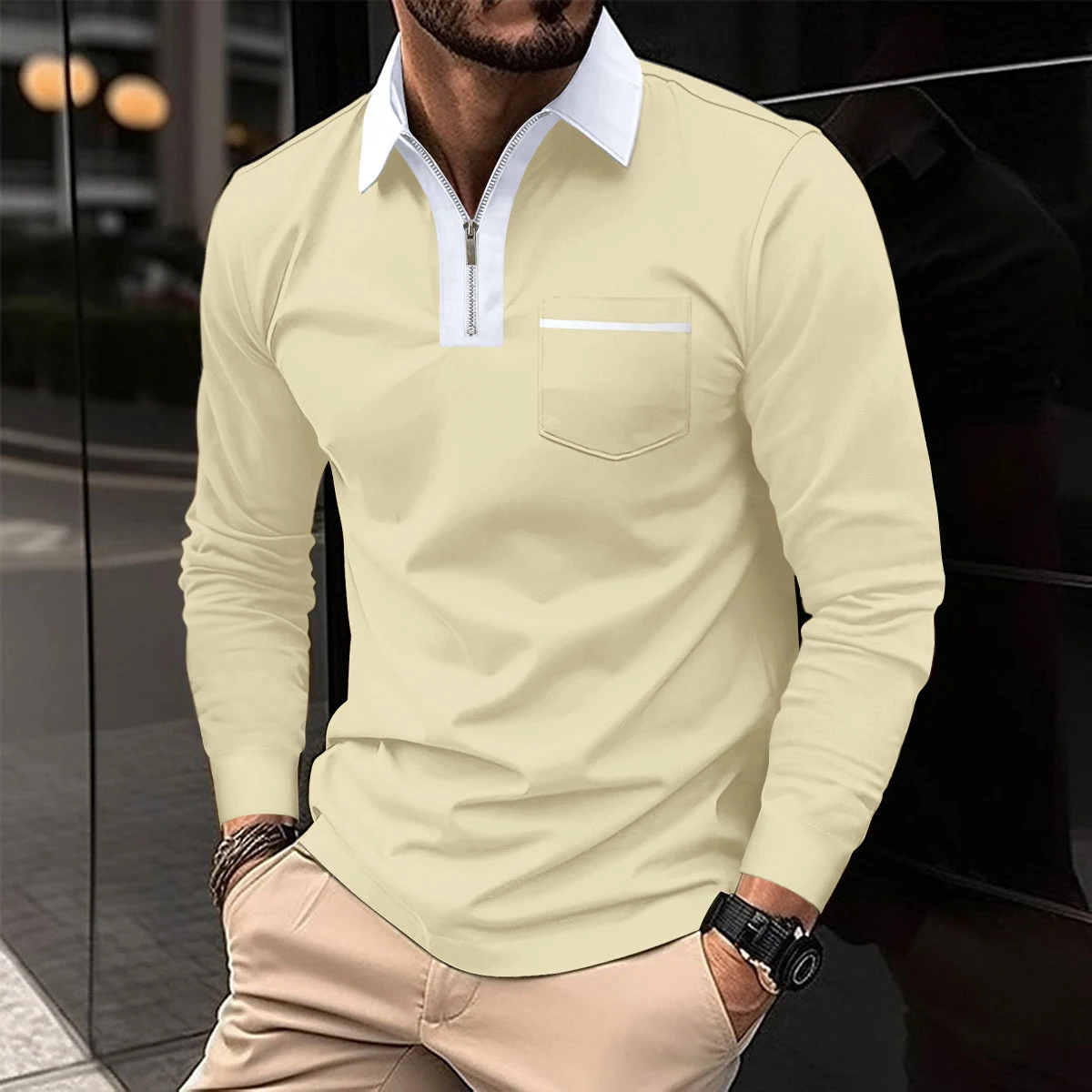 Title 23, Camisas Polo com Zíper Manga Longa Masculinas O...