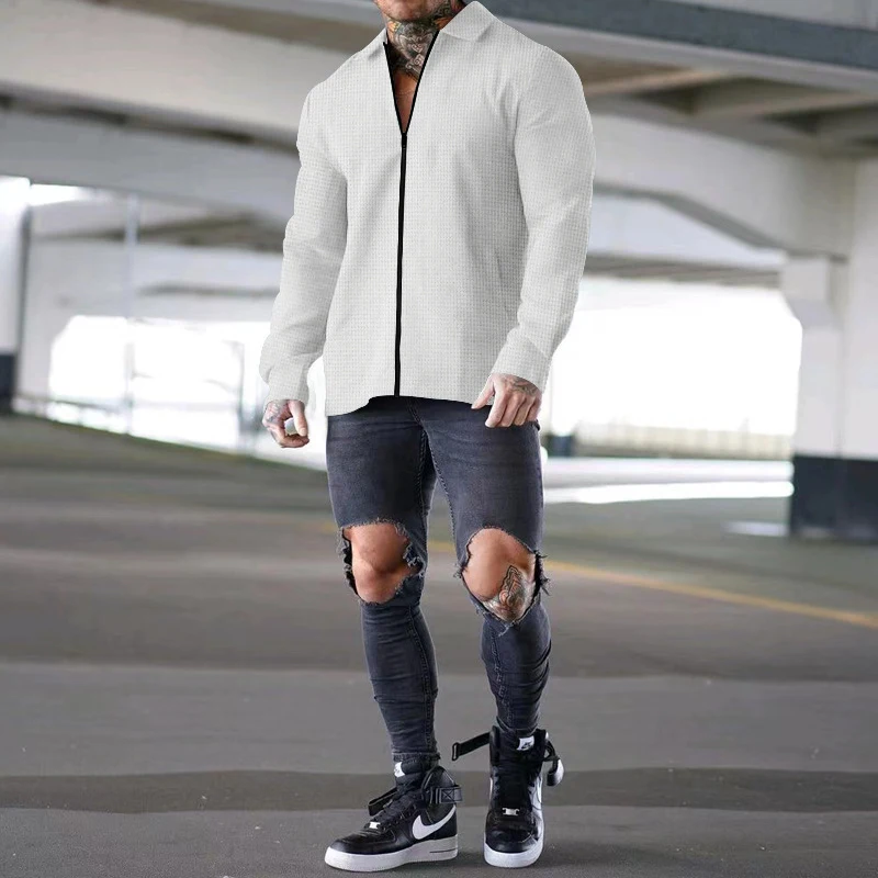 Camiseta masculina de verão, cor sólida, manga longa, com zíper. Conforto e estilo para os dias quentes. Ideal para looks casuais e modernos. — foto 6