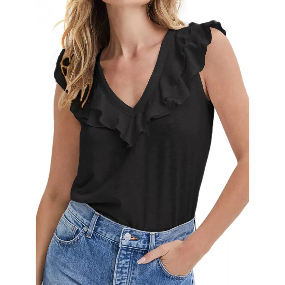 T-shirt da donna con scollo a V e balze, elegante e confortevole, perfetto per ogni occasione, valorizza la tua figura femminile con stile. — foto 15