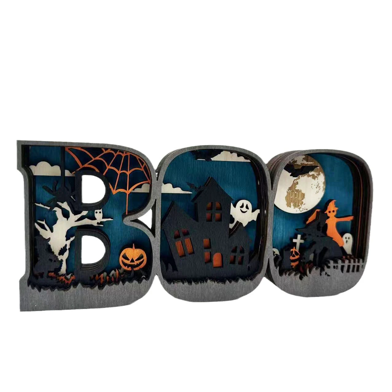 Ornements décoratifs en bois Lettres BOO pour festivals. Éclairage créatif. Créez une ambiance festive unique avec ce design original. — photo 3