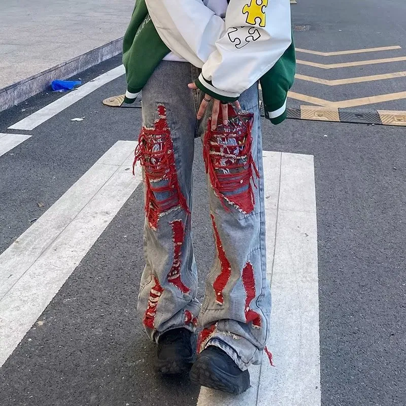 Hip Hop Ripped Brushed Machine Embroidery Loose Straight Jeans – Comfortable Fit, Streetwear Style, Trendy Look — photo 10