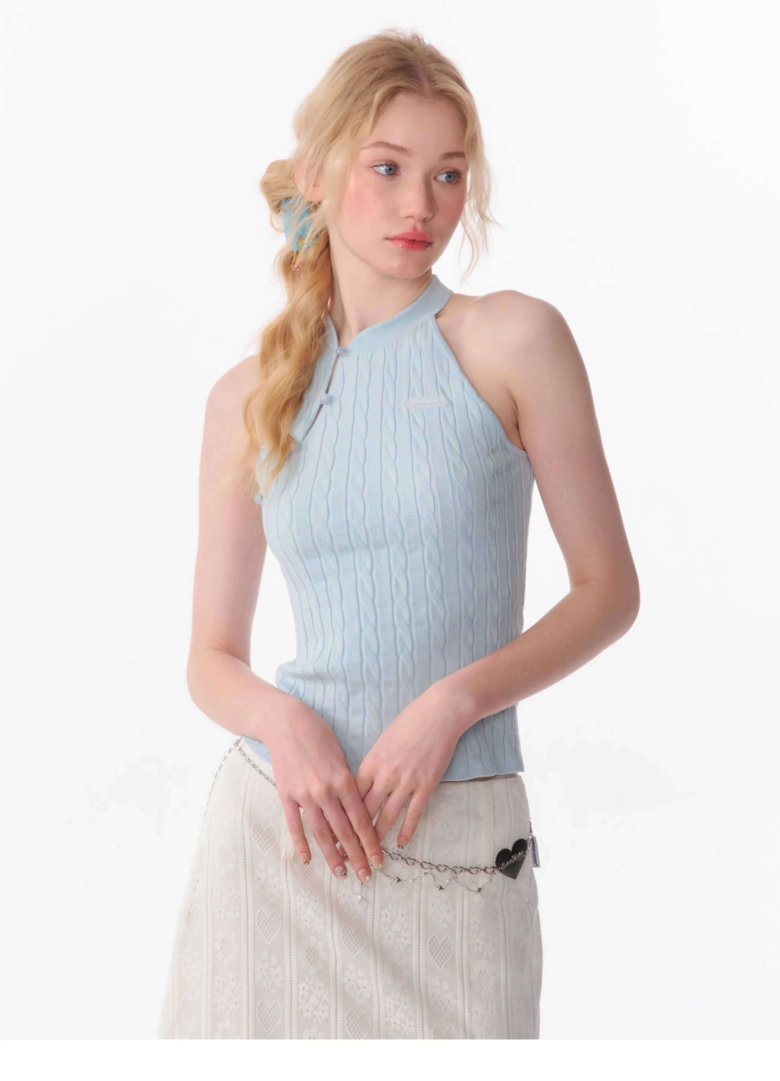 Title 7, Sleeveless Top Oblique Placket Halter Knitted Vest