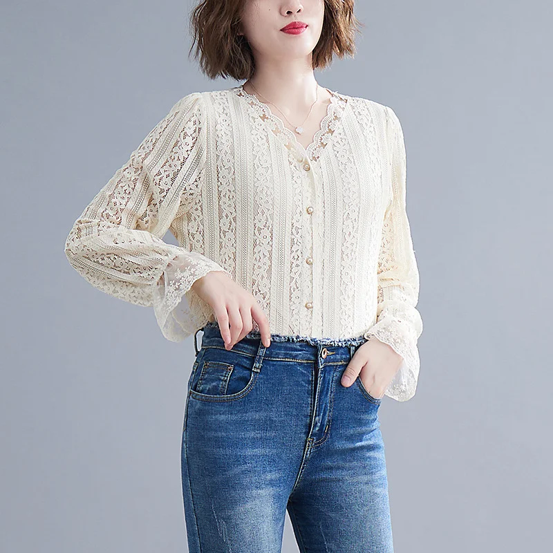 Title 3, Womens V-neck Loose And Slim Lace Shirt