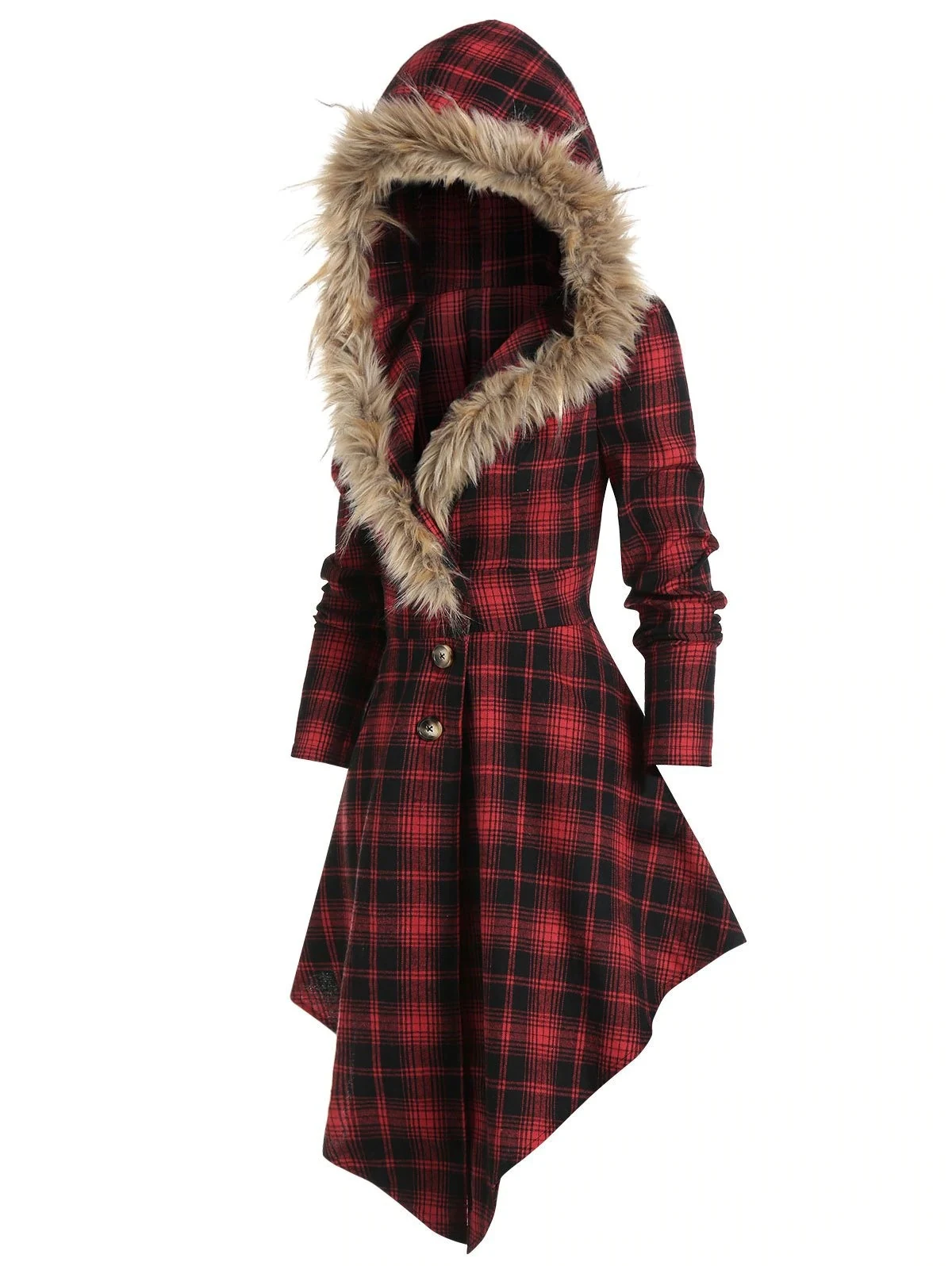 Giacca donna di media lunghezza con cappuccio, colletto in pelliccia, slim plaid sul retro. Un capo elegante e caldo per l'inverno. — foto 3