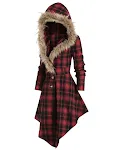 Giacca donna di media lunghezza con cappuccio, colletto in pelliccia, slim plaid sul retro. Un capo elegante e caldo per l'inverno. — foto 3