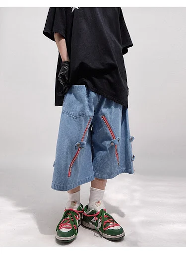 Title 27, Mens Loose Straight Cargo Denim Shorts with Fi...