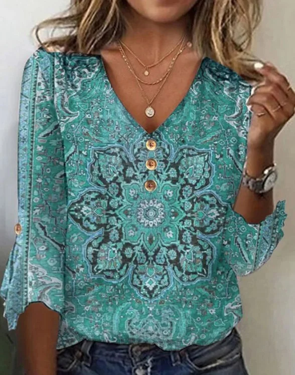 Title 1, Womens Fall V-neck Bell Sleeve Printed T-shirt...