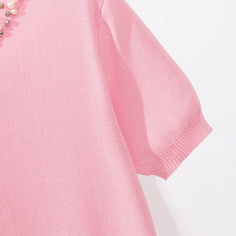 Title 9, New Solid Color Beaded Short Sleeve Loose Round...