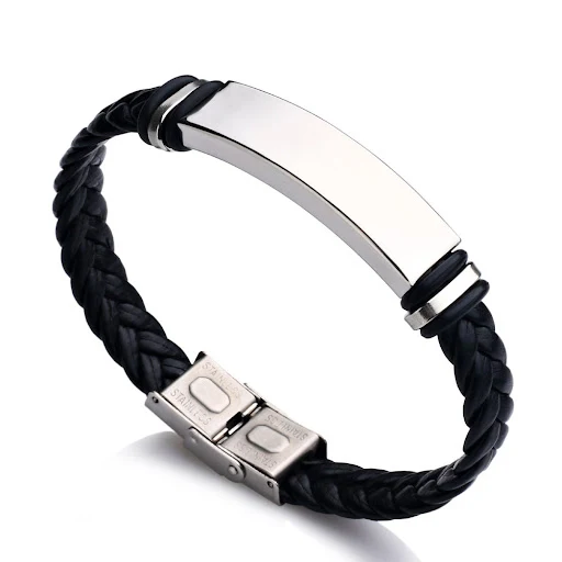 Title 3, Pulseira masculina de couro trançado com placa ...