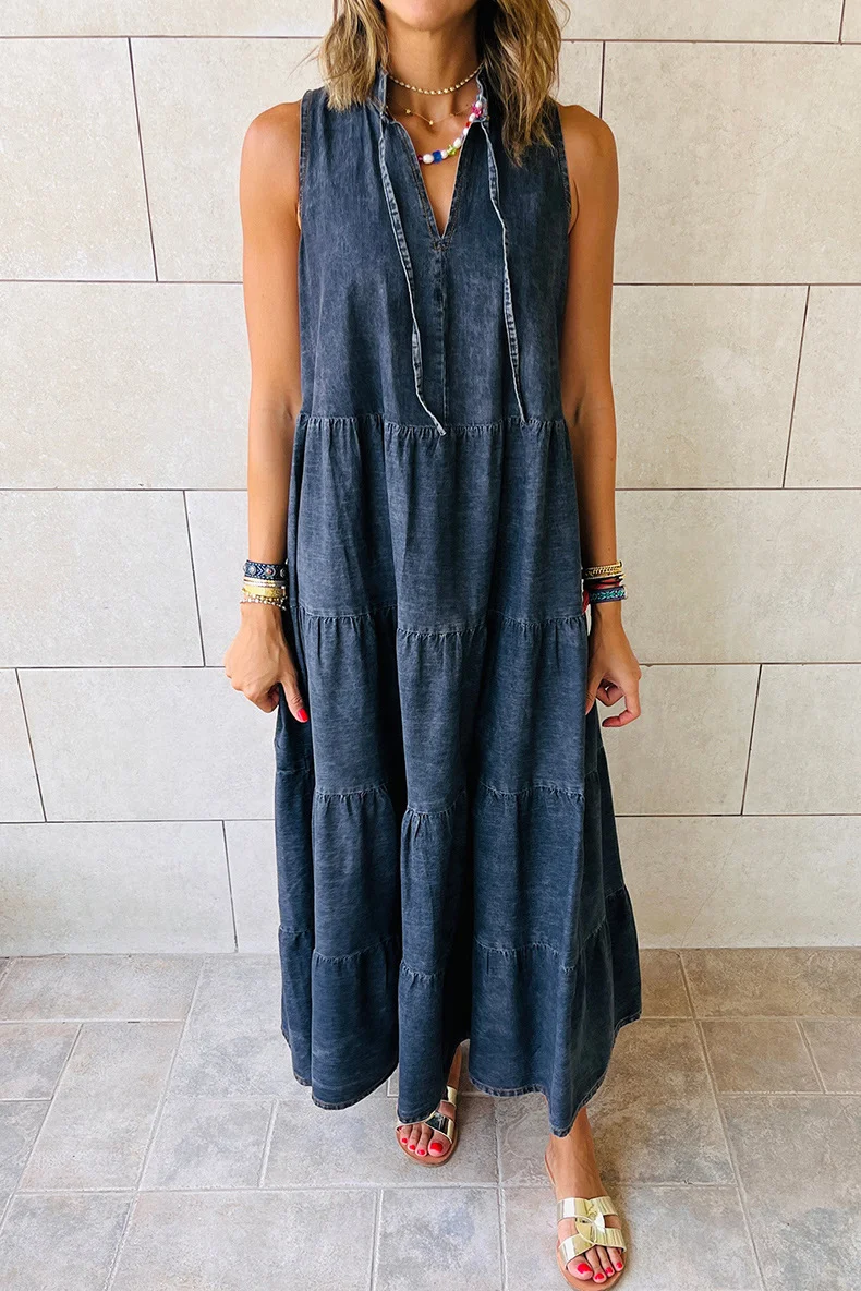 Women's Sleeveless Denim Fashion Retro High Waist Layered Dress — photo 5