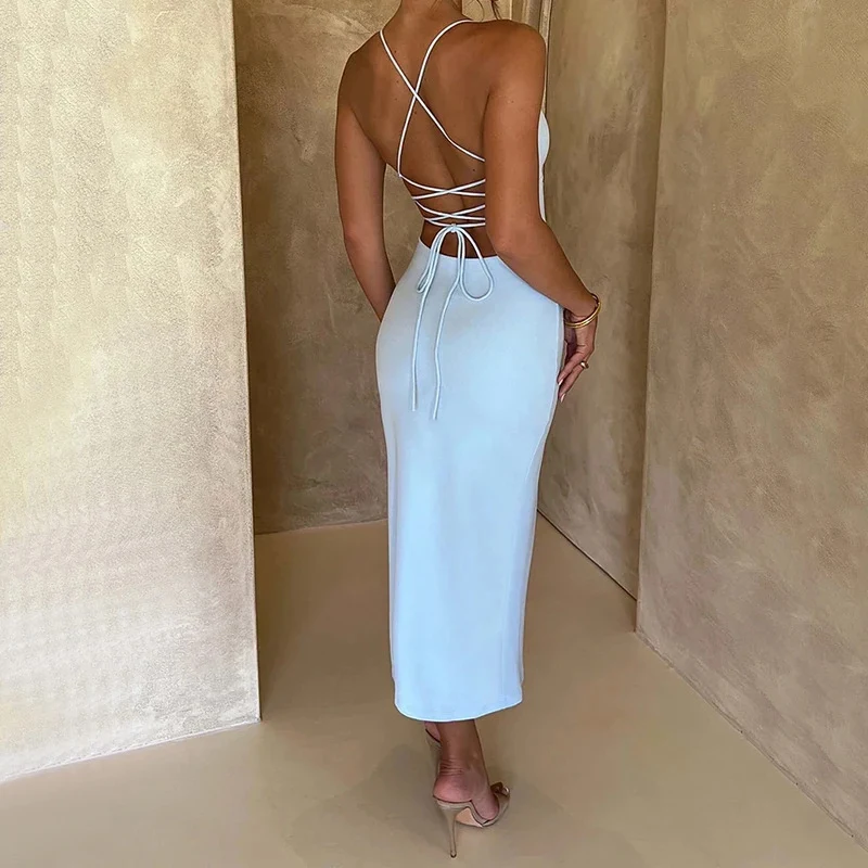 Title 6, New Solid Color Low Cut V-neck Strap Long Dress...