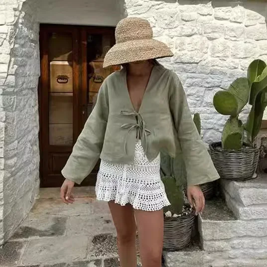 Women's Deep V Bell Sleeve Tied Top, offering a stylish and comfortable fit, perfect for a chic look and versatile wear — photo 4