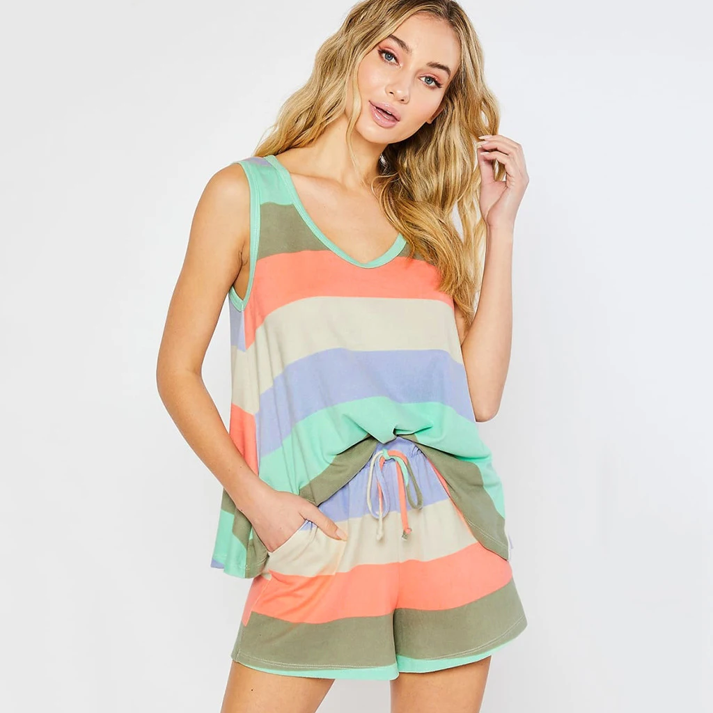 Title 8, Womens Rainbow Stripes Short Sleeve Pajama Set...