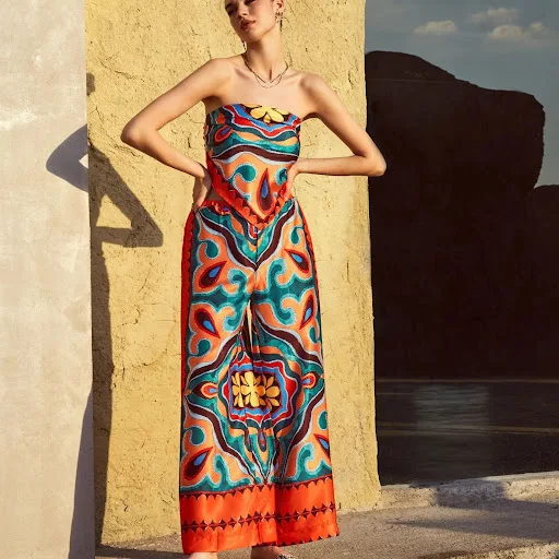 Title 5, Printed Tube Top Apron Trousers Suit