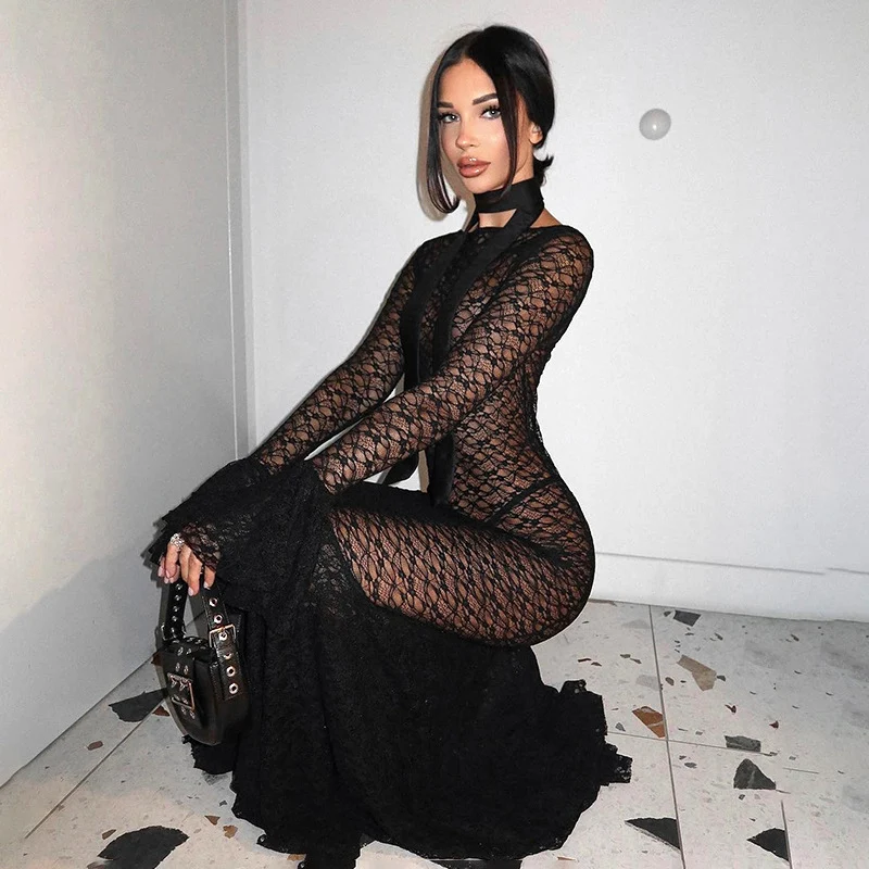 Title 3, Sexy see-through lace round neck tight fishtail...