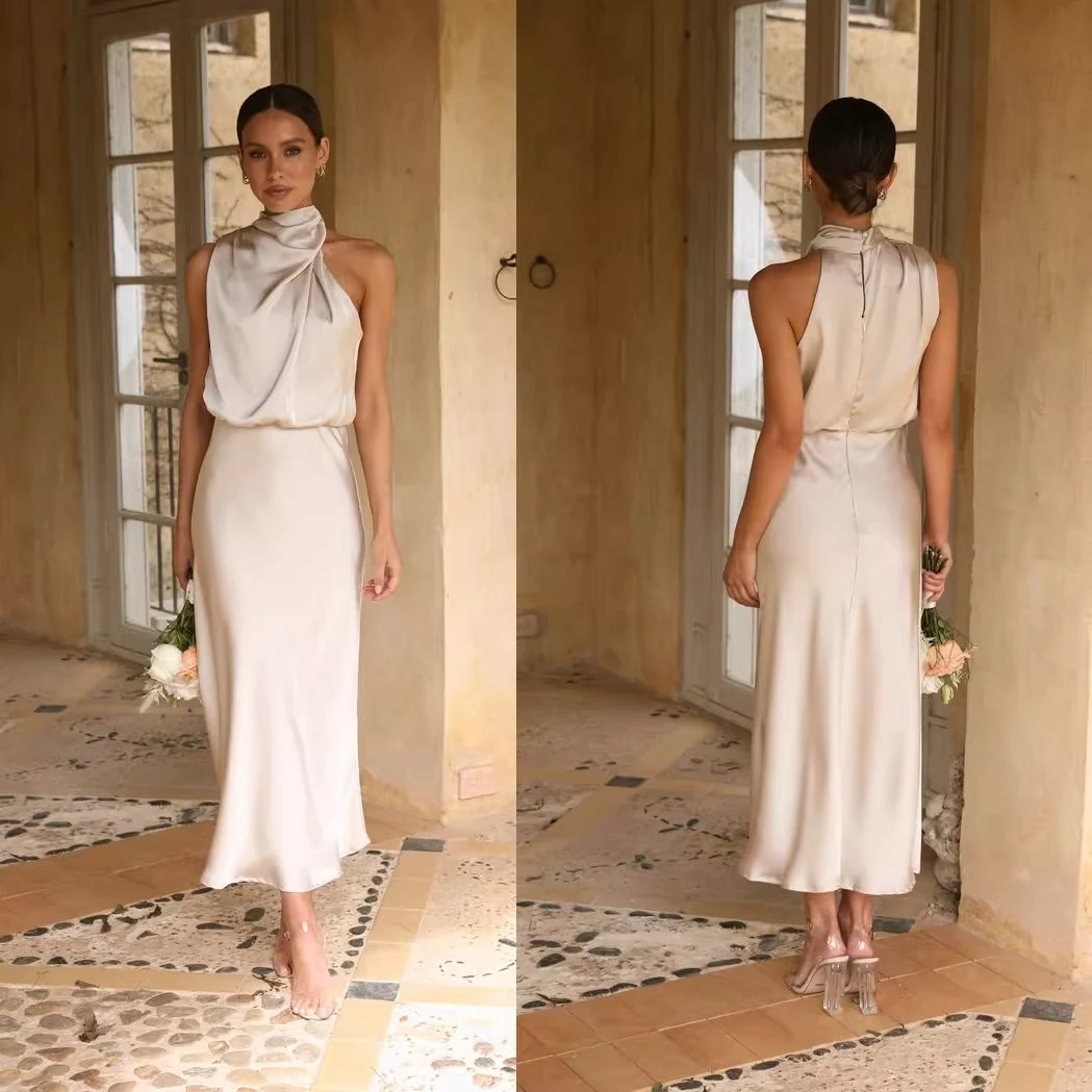 Title 7, Champagne Colored Satin Covered Simple Dress, a...