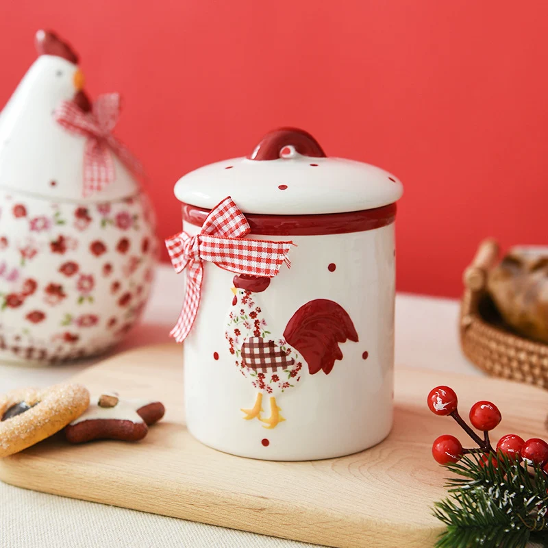 Jogo de louça estilo Ins, floral vermelho, galinha de cerâmica, pote selado pequeno, perfeito para conservar e decorar a mesa. — foto 5