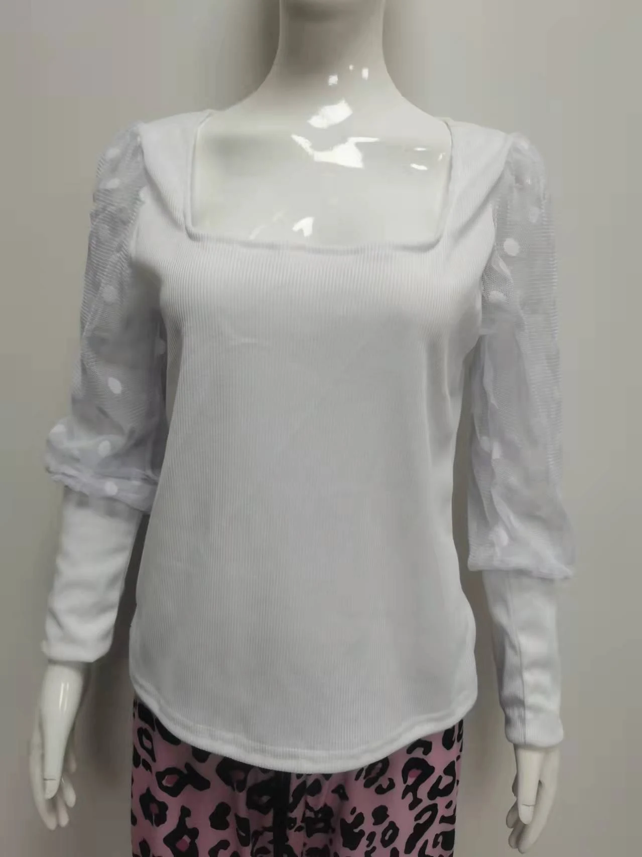 Title 5, Casual Square Neck Mesh Polka Dot Stitching Pit...