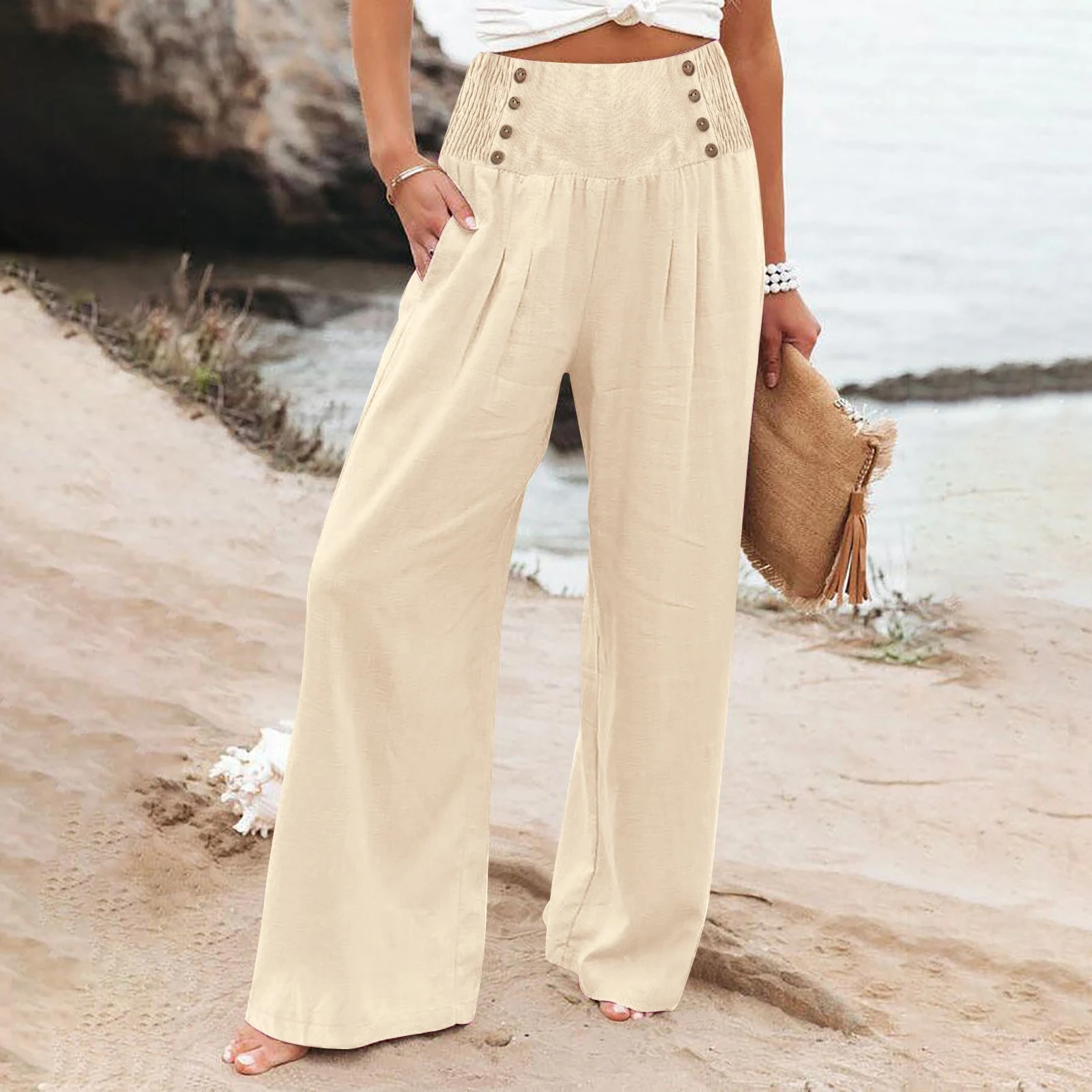 Title 6, Womens Casual Elastic High Waist Cotton Linen ...