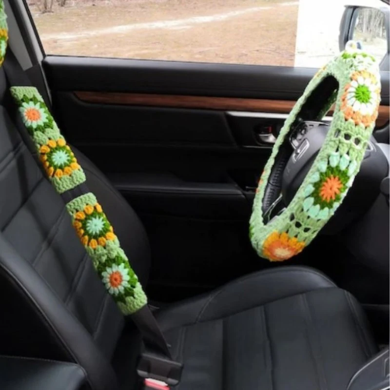 Title 8, Car Interior Hand-Crocheted Flower Steering Whe...