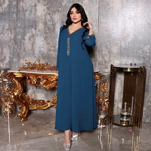 Title 7, Retro V-neck Hot Drilling Female Dress Djellaba