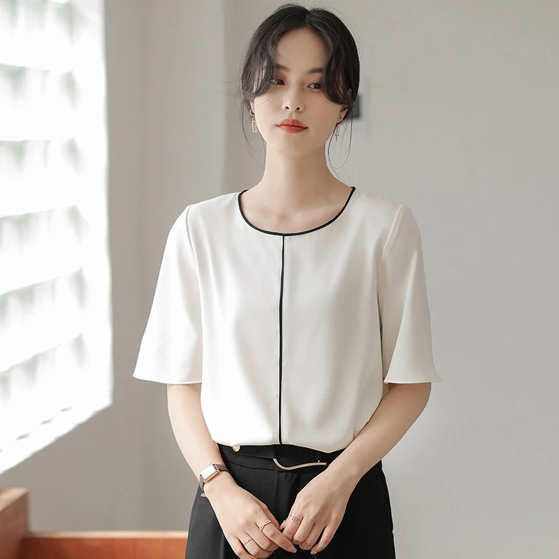 Women's Round Neck Undershirt Shirt. Elegant short sleeve chiffon shirt, perfect for commuters. An all-matching, versati — photo 6