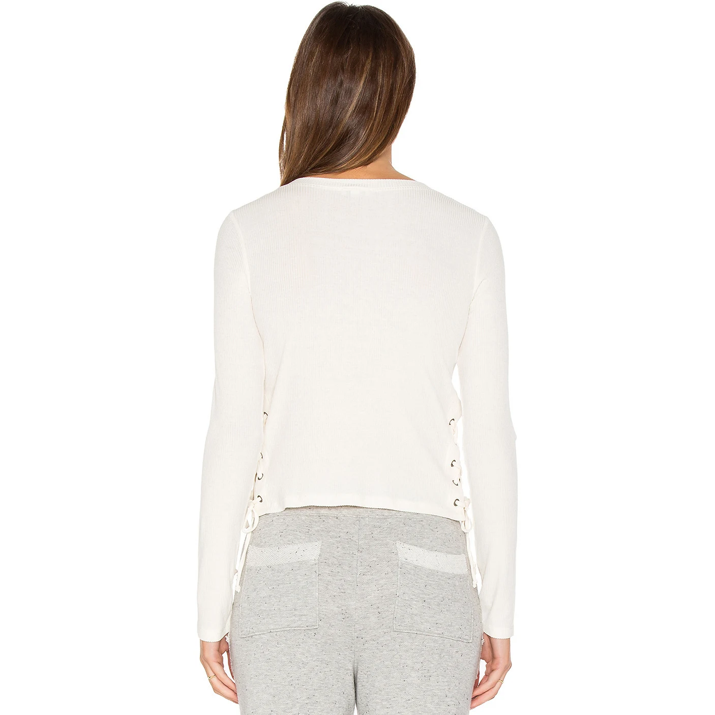 Fashion Solid Color Lace-Up Long-Sleeved T-Shirt Round Neck Slim Pullover Top — photo 5