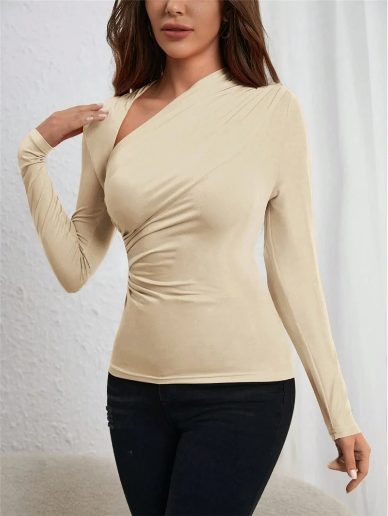 Title 2, Asymmetric Neckline Pleated Side Long Sleeve T-...