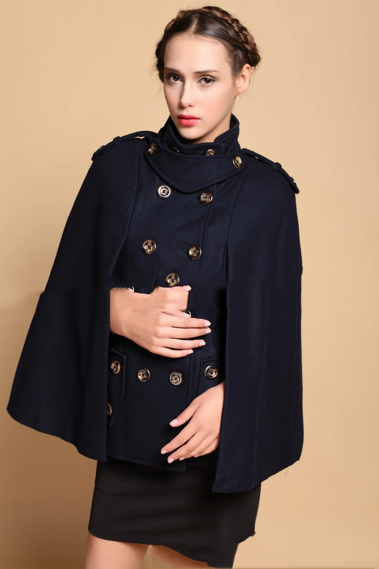 Fan Army Uniform Cape-style Cloak Double-breasted Woolen Coat Women, stylish and warm for fans and fashion-forward event — photo 4