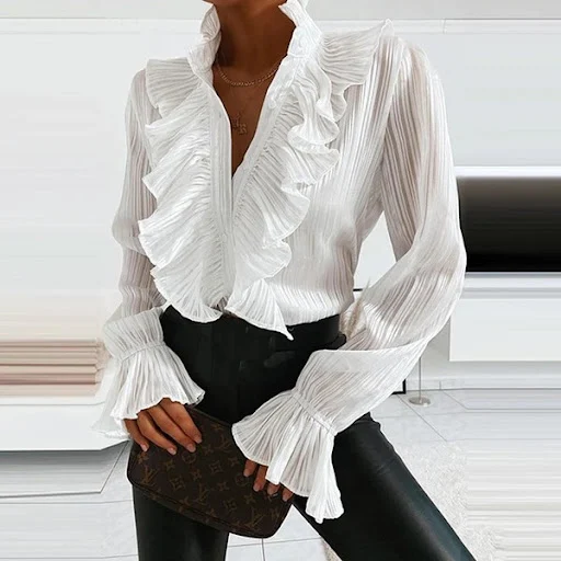 Title 1, Ruffled flared sleeve pleated shirt for women. ...