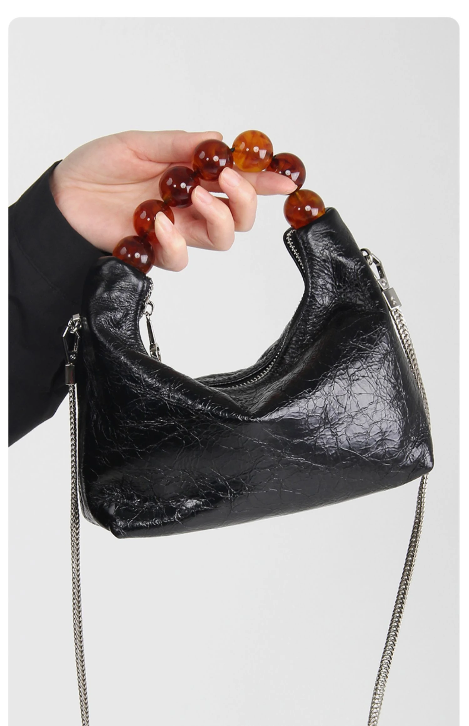 Title 4, First Layer Oil Wax Cowhide Dumpling Bag with B...