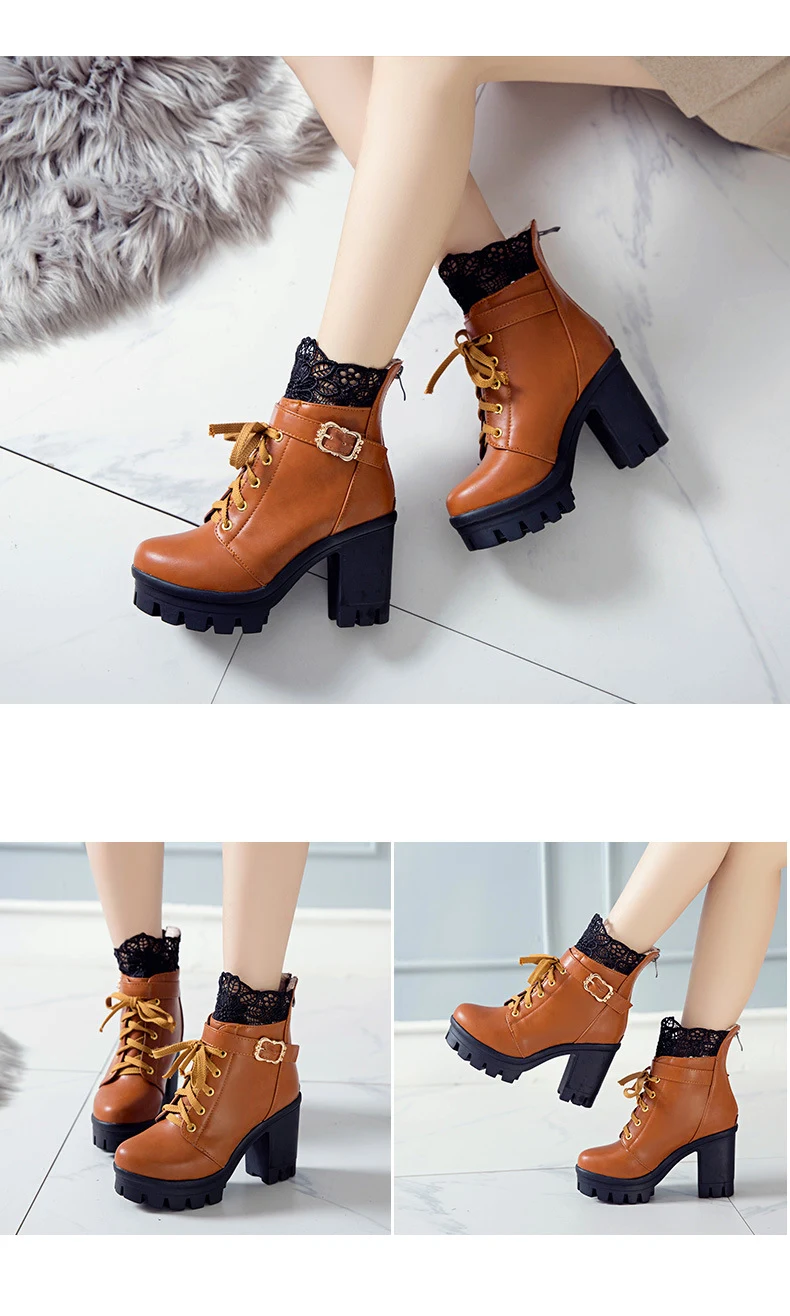 Title 5, Lace Ankle Boots Lace-up Square Heeled Shoes Wo...