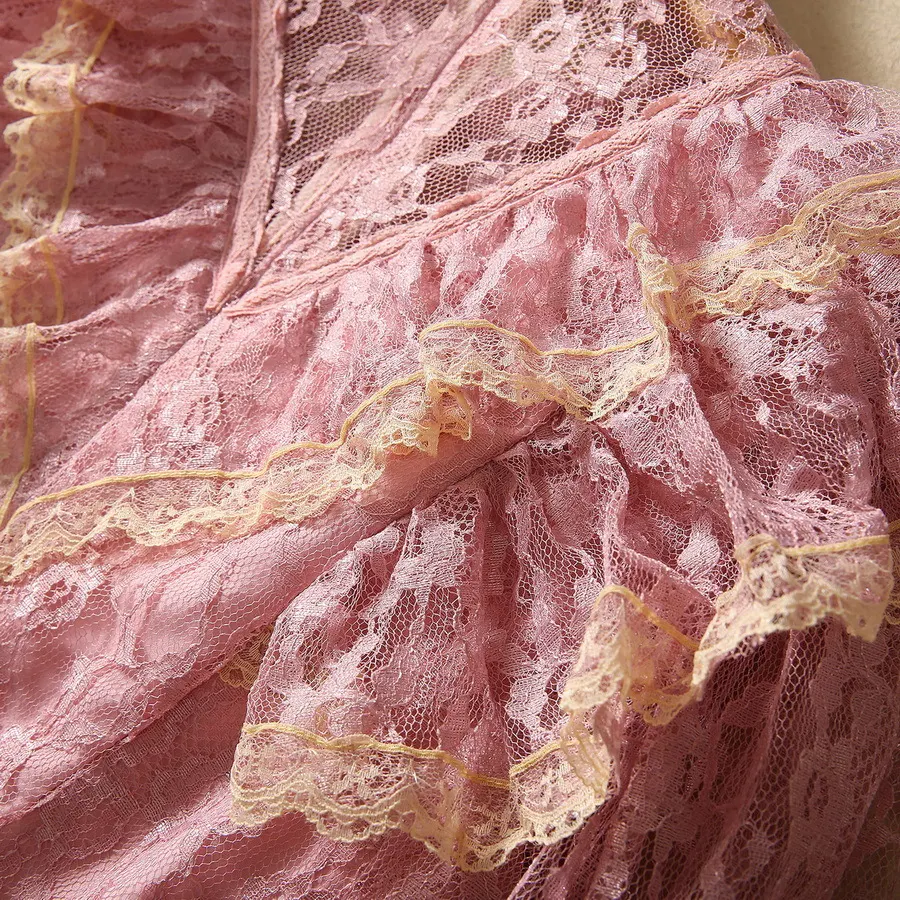 Title 14, Lotus Leaf Shoulder Color Matching Wave Lace Dress