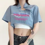 Solid Color Slim Fit Cropped Navel Fashion Print Lapel Short Sleeve Two-Piece Set — photo 3
