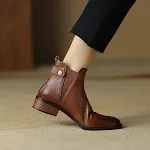 Botas de tornozelo planas de couro macio e veludo, salto médio, bico redondo, Chelsea, confortáveis e estilosas para o dia a dia. — foto 5
