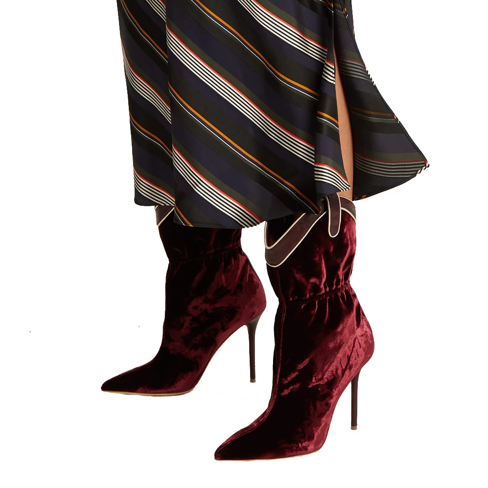 Title 2, Wine Red Velvet Pointed Toe High Heel Short Ank...