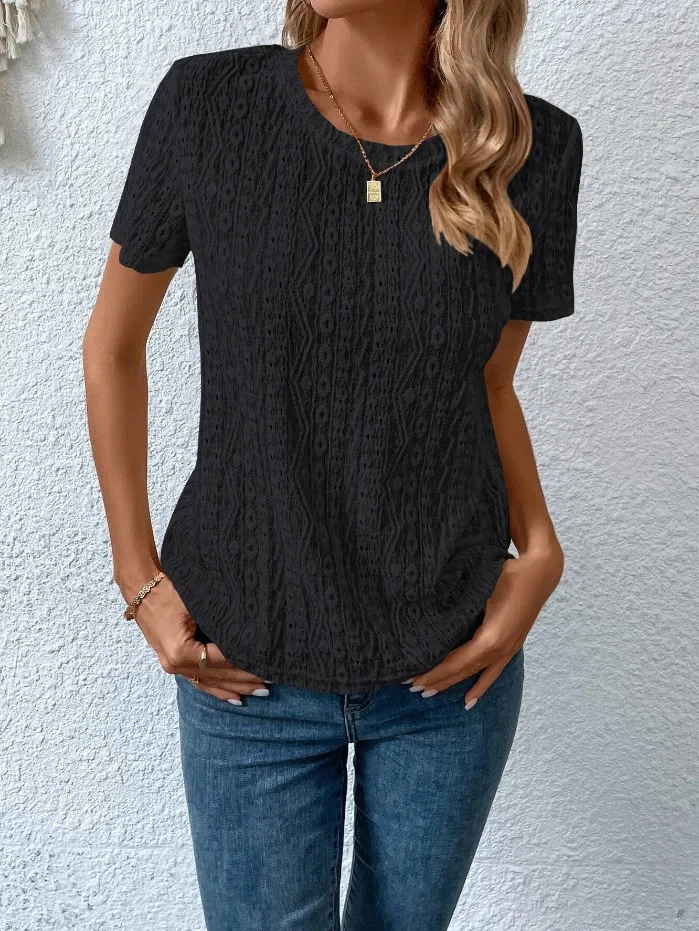 Camiseta feminina com gola redonda de cor sólida e lazer vazada — foto 14