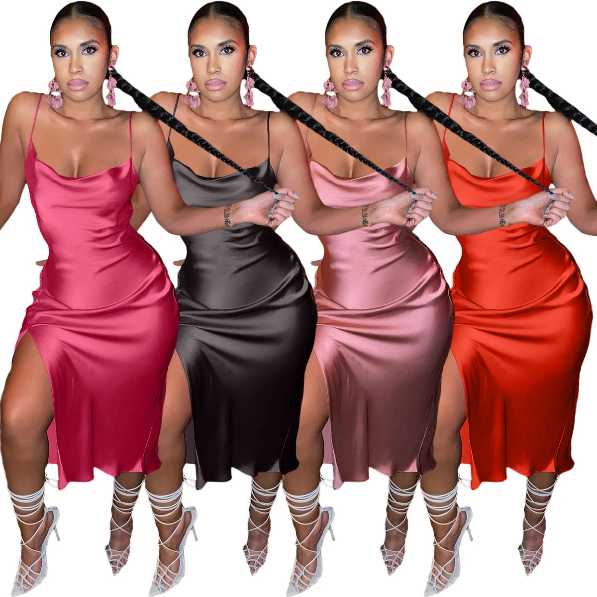 Title 10, Womens Casual Split Neck Spaghetti Strap Dress