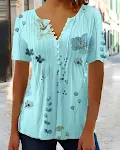 Camiseta feminina de verão europeia americana estampada casual, manga curta, plissada e com botões. Nova moda! — foto 12