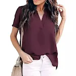 Top de camisa de chiffon solto de manga curta com decote em V e cor sólida — foto 5
