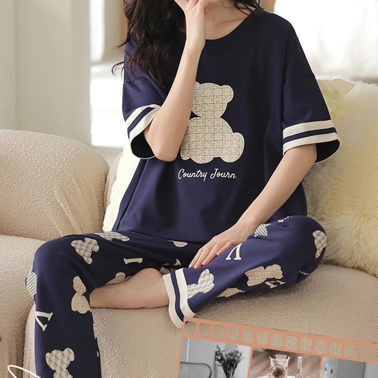 Pure cotton short-sleeved pajama set with cute cartoon designs and trousers, perfect home wear suit, comfortable and bre — photo 15