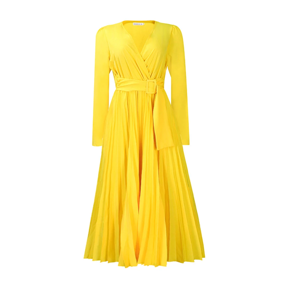 Long Sleeve Lace-up Solid Color And V-neck Slim-fit Pleated Plus Size Africa Dress — photo 5
