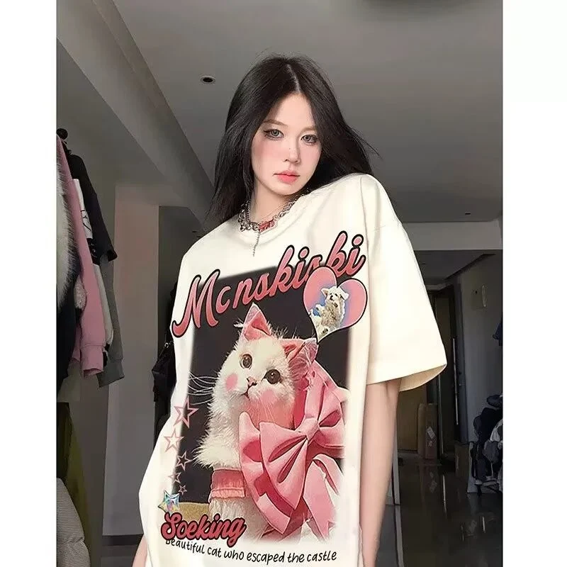 American Creative Loves And Cats Printed Loose Short Sleeve T-shirt — photo 15