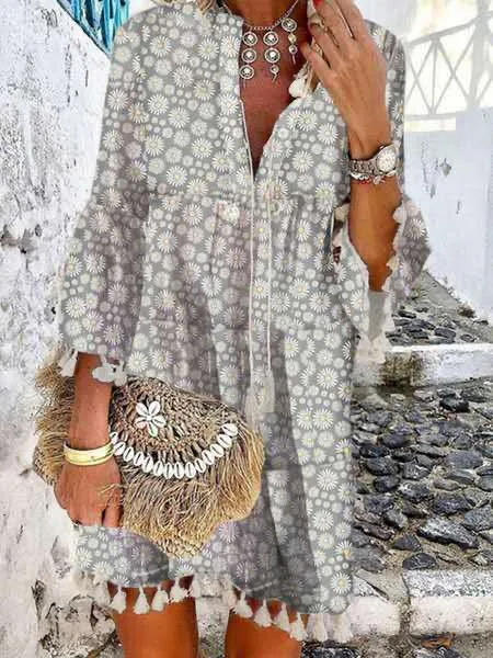 Vestido commuter com decote em V, estampa de pedra pequena e borlas, perfeito para o dia a dia, trabalho ou lazer, estilo moderno e confortável. — foto 3
