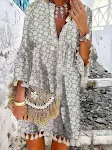 Vestido commuter com decote em V, estampa de pedra pequena e borlas, perfeito para o dia a dia, trabalho ou lazer, estilo moderno e confortável. — foto 3
