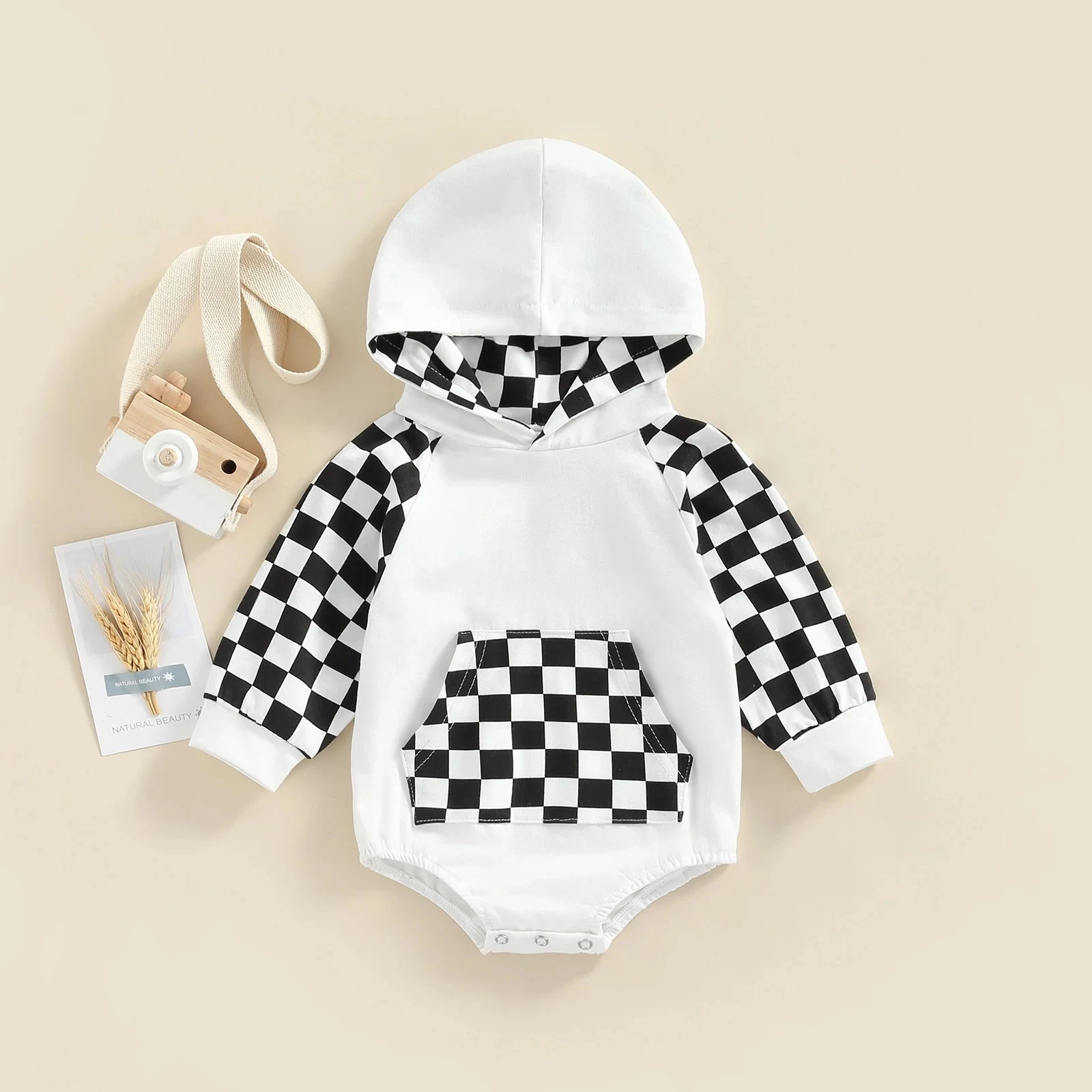Macacão com capuz xadrez infantil, estilo europeu e americano, tecido macio e respirável, ideal para conforto e liberdade de movimento. — foto 7