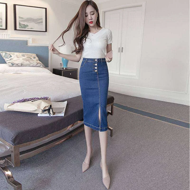 Title 5, High Waist Denim One Step Breasted Hip Skirt – ...