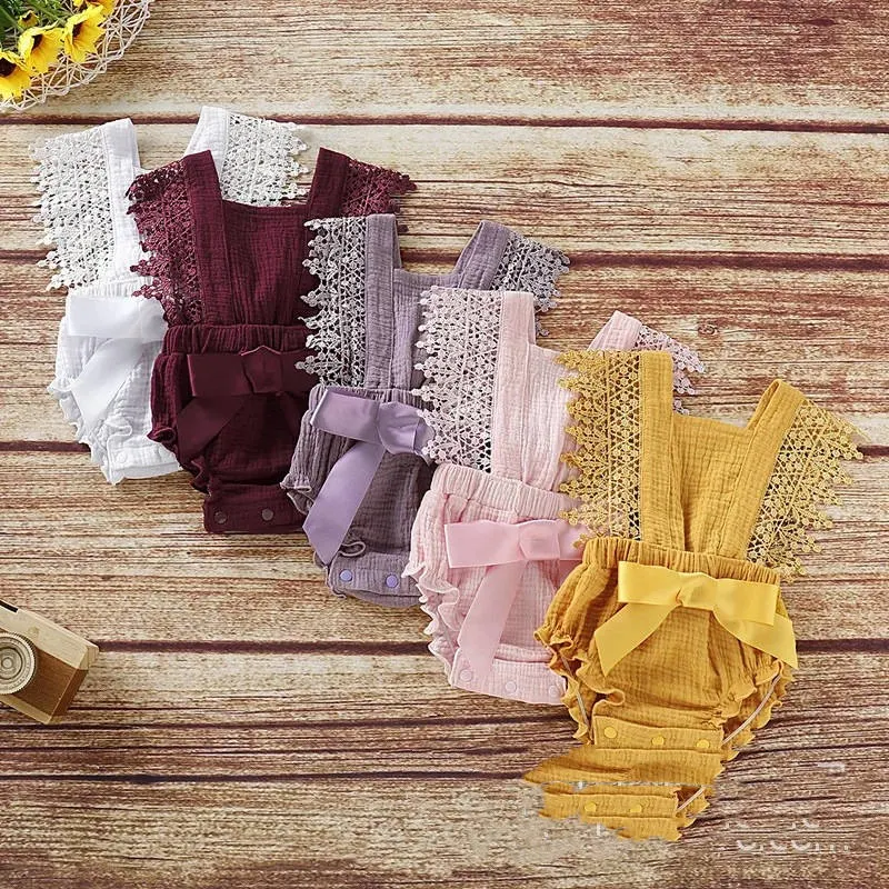 Macacão para bebê europeu e americano, fofo e popular, renda, algodão e linho, com laço, confortável e estiloso. — foto 7