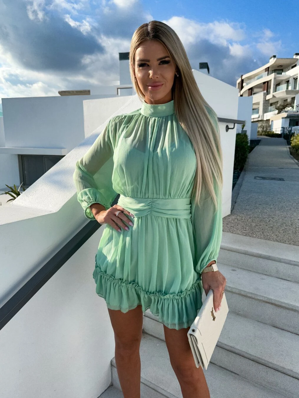 Spring And Summer New Hot Sale Women's Solid Color Chiffon Waist Pleating Dress — photo 7